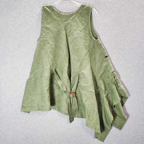 Mara Gibbucci Women Top Medium‎ Green Linen Tank Lagenlook Scoop Neck Tied Back - Picture 5 of 9